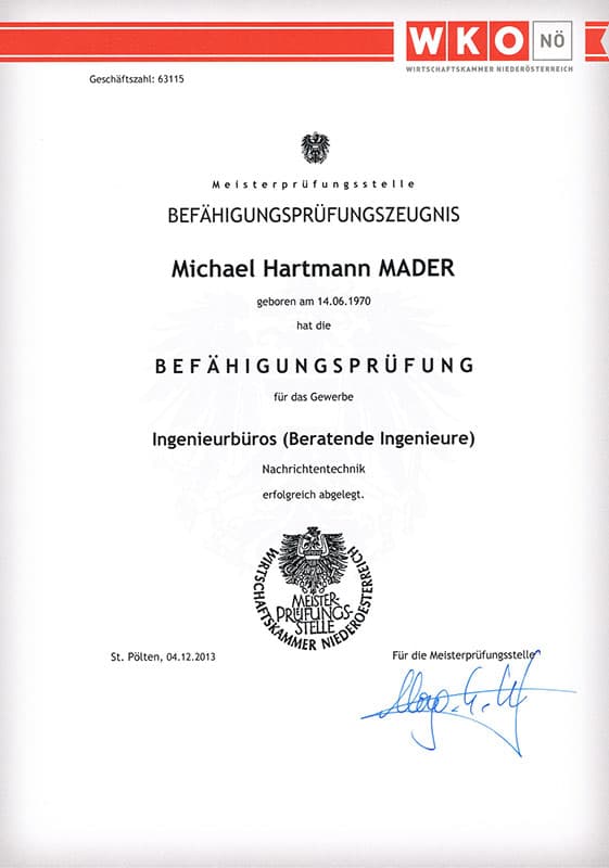 Ing. Befähigungsprüfung Zertifikat